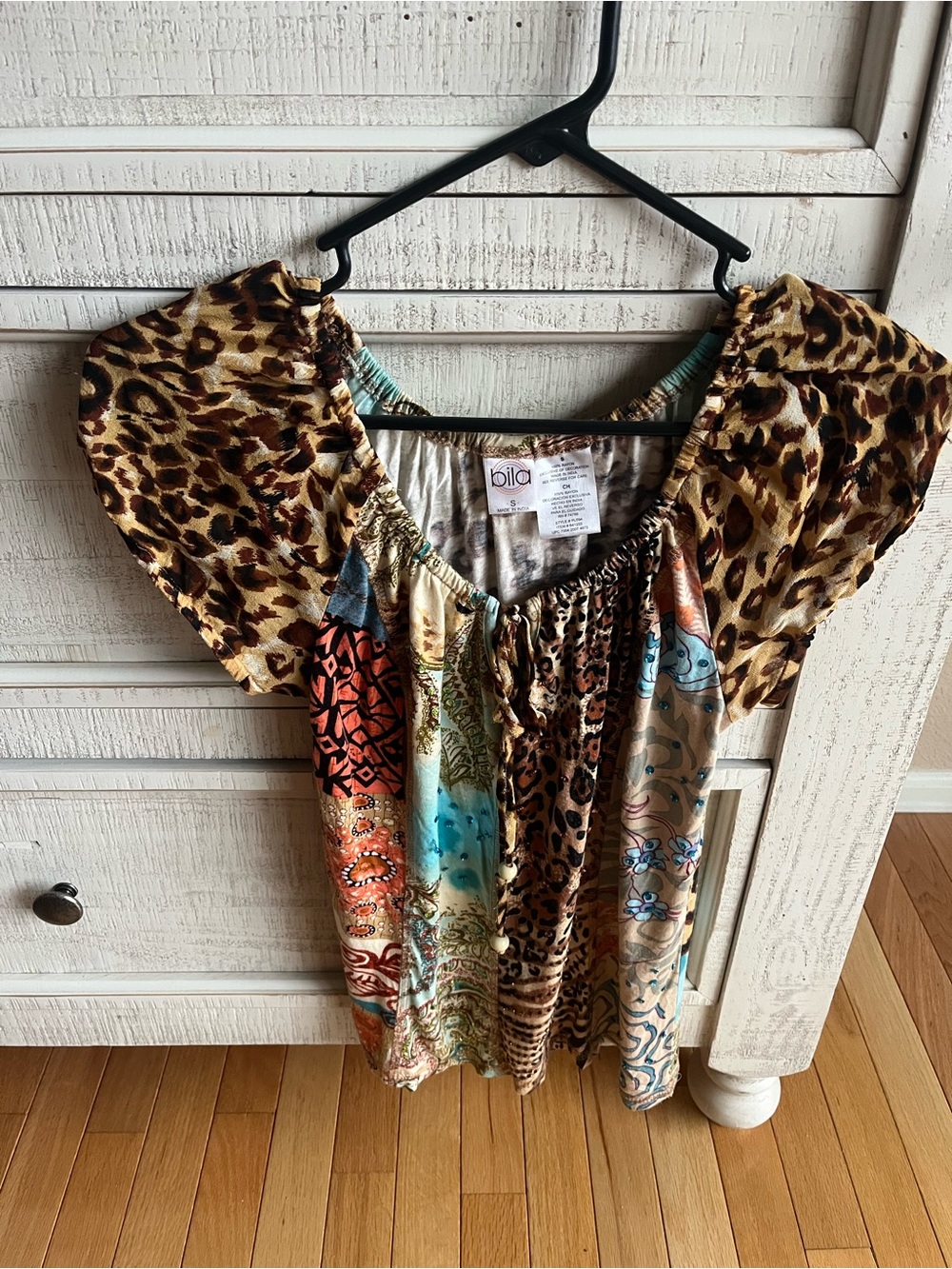 Bila Multi-Print Peasant Top in Tan, Brown & Aqua